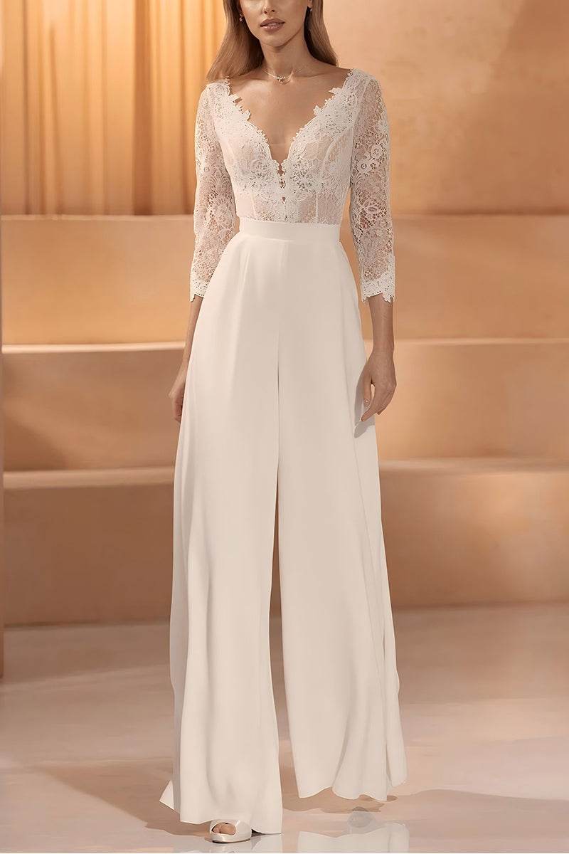 V-Neck Floor Length Lace Chiffon Wedding Jumpsuit CW3561 - COCOMELODY